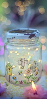 Mason jar with fairy lights surrounded by flower candles, creating a whimsical glow.