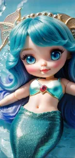 Whimsical mermaid doll with blue hair and shimmering tail in an underwater scene.