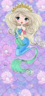 Whimsical mermaid in pastel tones with a seashell background.