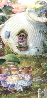 Whimsical mice tea party in a teapot house garden.