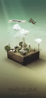 A whimsical miniature island artwork floating in a magical world.