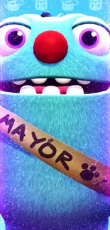 Blue cartoon monster with 'Mayor' sash in fun wallpaper.