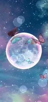 Colorful moon surrounded by butterflies in a starry night sky.