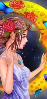 Girl with flowers near crescent moon surrounded by butterflies.