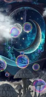 Whimsical moonlit scene with bubbles and mushrooms, perfect for a dreamy atmosphere.