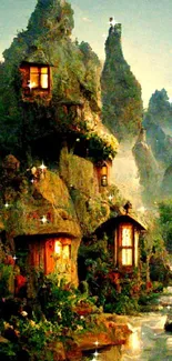 Whimsical mountain cottages with lush greenery and flowing stream.