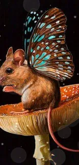 Mouse with butterfly wings on a mushroom, creating a whimsical fantasy scene.