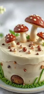 Whimsical cream cake with mushroom decorations.