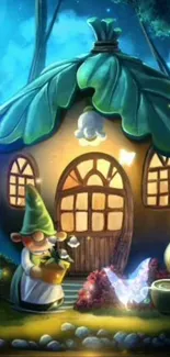 Whimsical mushroom cottage in magical moonlit forest with gnome.