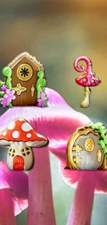 Whimsical wallpaper with mushrooms and fantasy elements in pink hues.