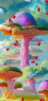 Whimsical giant mushrooms with colorful sky and heart accents in fantasy art wallpaper.