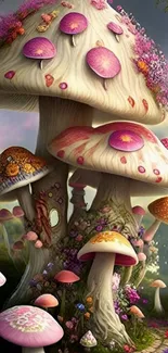 Whimsical mushroom houses in a magical forest setting with vibrant colors.