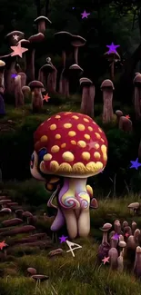 Whimsical mushroom forest with cute character in a fantasy setting.