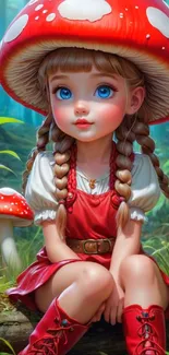 Whimsical girl with mushroom hat in forest setting.