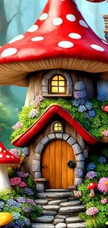 Whimsical mushroom house in a fantasy forest setting.