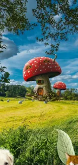 Whimsical wallpaper with a mushroom house in a serene countryside setting.