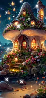 Whimsical mushroom house with glowing lights by the sea at night.