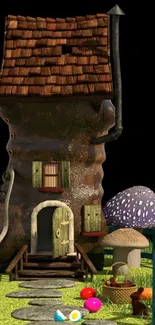 Whimsical house with mushrooms in a fantasy garden setting.