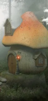 Magical mushroom house in misty forest wallpaper.