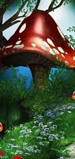 Whimsical mushroom landscape with vibrant colors and nature elements.