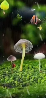 Nature wallpaper with mushrooms, snail, raindrops, and green foliage.