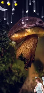 Magical mushroom under a starry night sky with a moon and angelic figure.