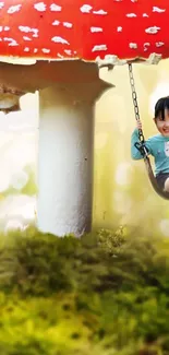 Child on a swing beside a giant red mushroom.