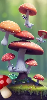 Vibrant mushrooms with playful creatures in a green forest wallpaper.