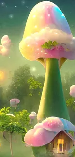 Whimsical mushroom house in pastel fantasy setting.