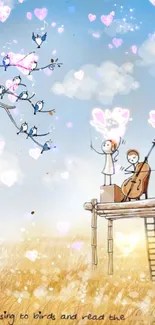 Children with cello and birds under a sky with heart-shaped clouds.