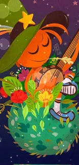 Whimsical cartoon character playing guitar against a starry background.