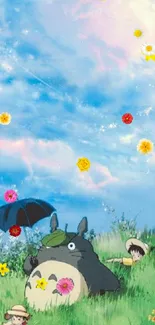 Whimsical anime scene with Totoro under a vibrant sky on green meadow.