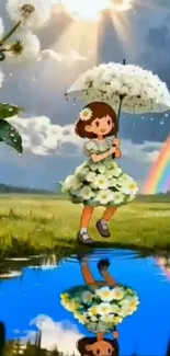 Cartoon girl with umbrella in floral meadow and rainbow.