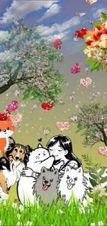 Whimsical cartoon nature wallpaper with hearts and animals, perfect for mobile screens.