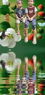 Children sitting in a whimsical nature scene with butterflies and reflections.