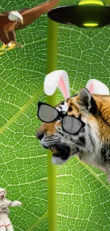 Tiger with bunny ears on green leaf wallpaper.