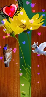 Whimsical scene with yellow flower, hearts, winged dog, and kitten.