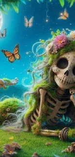 Whimsical skeleton with flowers and butterflies in a dreamlike night scene.