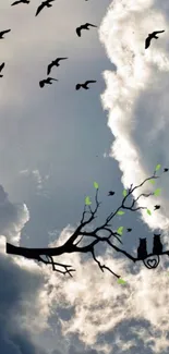 Whimsical sky with birds and cats on a branch in a serene, cloud-filled scene.