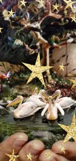 Whimsical nature art with pelicans and stars.