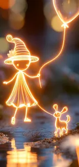 Whimsical neon art with glowing character and dog.