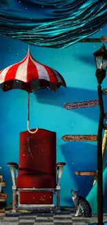 Whimsical scene with red chair, umbrella, and blue backdrop.