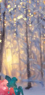 Whimsical forest wallpaper with fairy silhouettes and stars.