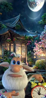 Whimsical garden wallpaper with moonlit sky and fantasy character.