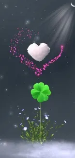 Dreamy heart-shaped cloud and glowing clover under moonlight.