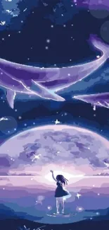 Dreamlike night sky with floating whales under stars.