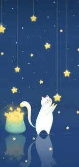 Whimsical wallpaper of a cat playing with stars in a dark blue night sky.