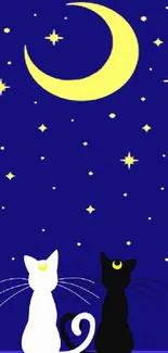 Two cats gaze up at a yellow crescent moon and stars against a navy blue sky.