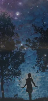 Enchanting silhouette under starry night sky wallpaper.