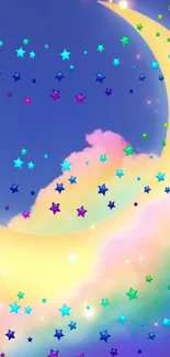 Whimsical mobile wallpaper with a crescent moon and colorful stars.